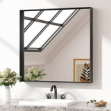 Keonjinn Gebürsteter Badezimmerspiegel mit Rahmen für über dem Waschbecken, Rechteckiger Wandspiegel mit quadratischen Ecken, Aluminiumrahmen, Moderner Landhausstil