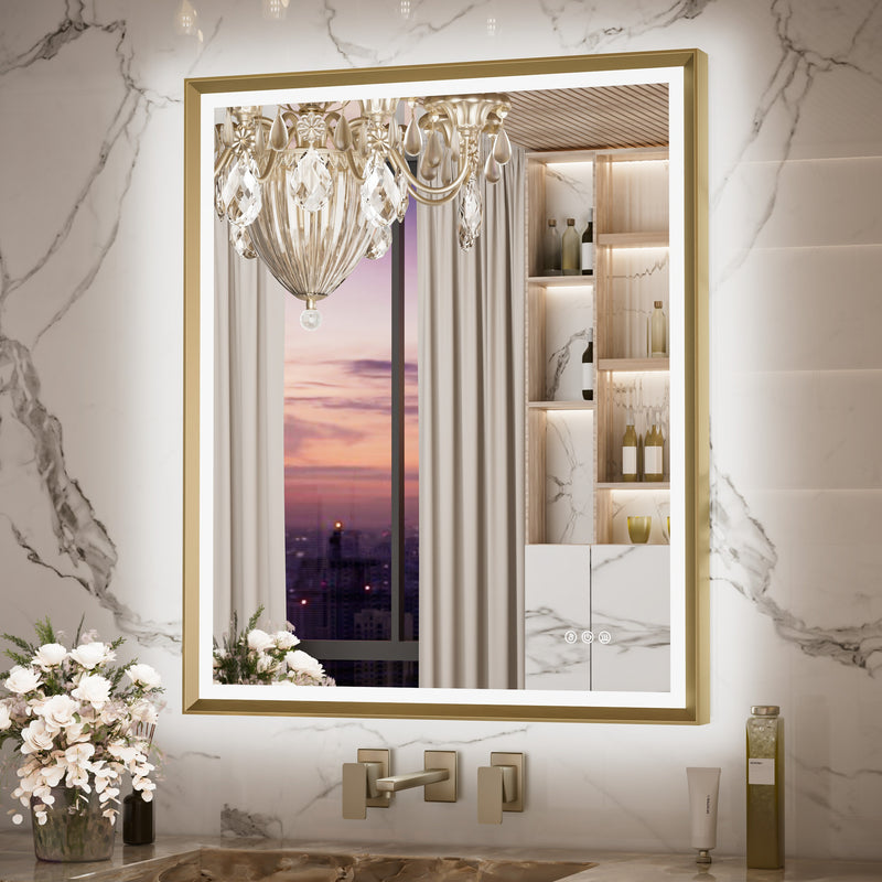 Keonjinn LED Mirror for Bathroom with Frontlit & Backlit, Metal Framed, Wall Mounted Mirror with Dimmable, Stepless Tricolors, Anti Fog, UL Listed LED Driver, Light Up Mirror