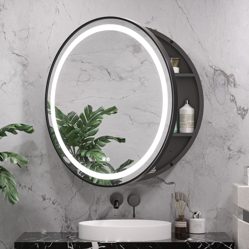 Keonjinn Round Bathroom Medicine Cabinet with Lights Electrical Outlet Dimmable Defog Color Lights Circle LED Vanity Mirror with Storage Surface