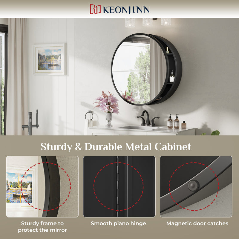 Keonjinn Round Medicine Cabinet with Mirror, Surface Mount Metal Framed Medicine Cabinet for Bathroom, Circular Farmhouse Bathroom Cabinet, Wall Mounted Round Vanity Mirror with Storage