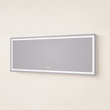 83.9 x 31.9-inch rectangular LED mirror with a slim gray frame and illuminated edge on a beige wall.