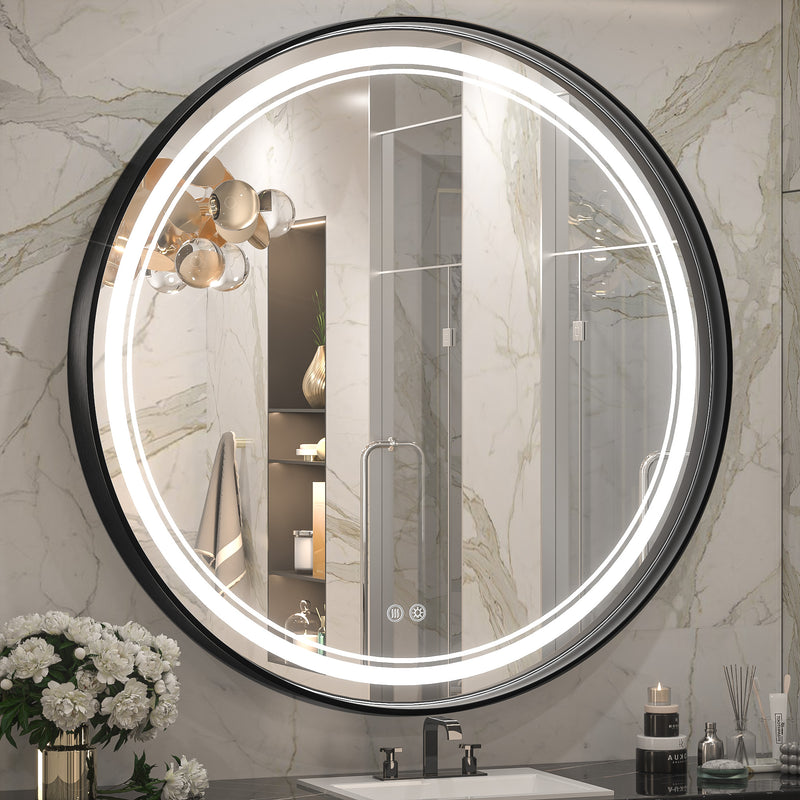 Round Led Bathroom Mirror with Front Lights Framed Frontlit 3 Color Lights Dimmable Wall Mounted Makeup Vanity Mirror Anti-Fog CRI 90+