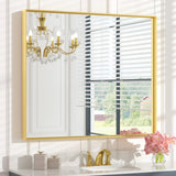 Keonjinn Gebürsteter Badezimmerspiegel mit Rahmen für über dem Waschbecken, Rechteckiger Wandspiegel mit quadratischen Ecken, Aluminiumrahmen, Moderner Landhausstil