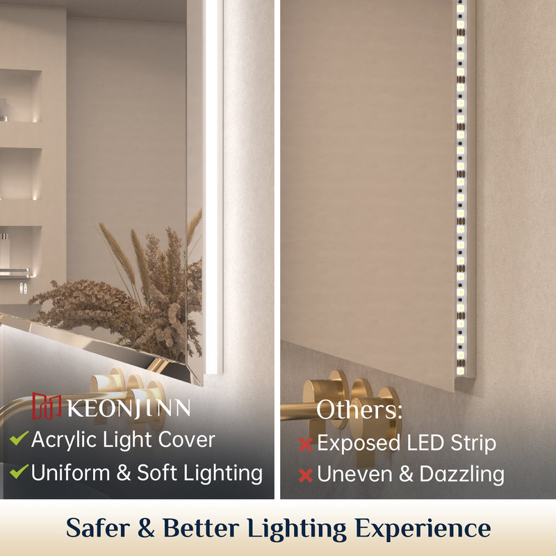 Luxury LED Backlit Bathroom Mirror with Elegant Beveled Edge, UL-Listed Driver, Safe Tempered Glass, 3 Color Lights, Dimmable, Defogging
