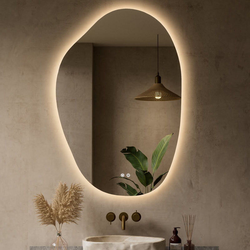 Keonjinn Asymmetrical Backlit Bathroom Mirror with Lights, LED Irregular Mirror with HD Tempered Glass, UL-Listed LED Driver, 3 Color Lights, Dimmable, Memory Function, Safe Defogging