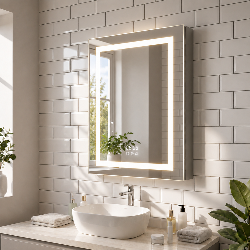MC002Keonjinn Armoire à pharmacie lumineuse pour salle de bain avec miroir LED et prise électrique Étagères réglables 3 couleurs de lumière Éclairage frontal Anti-buée Intensité variable Encastré au mur pour rangement de salle de bain