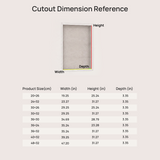 Product size reference graphic with a rectangular sample labeled for height, width, and depth, plus a centimeter-and-inch size table.