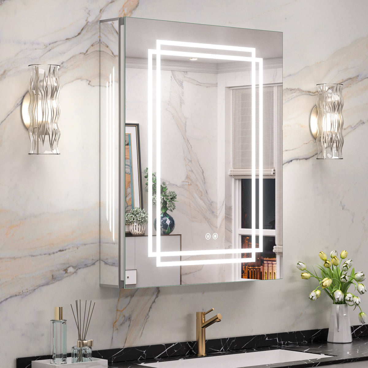 Keonjinn Lighted Bathroom Mirror Cabinets with LED Vanity Mirror for Bathroom Adjustable Shelves Dimmable 3 Color Temperature Lights Wall Mount LED Bathroom Mirror Cabinets Mirror for Bathroom D¨¦cor
