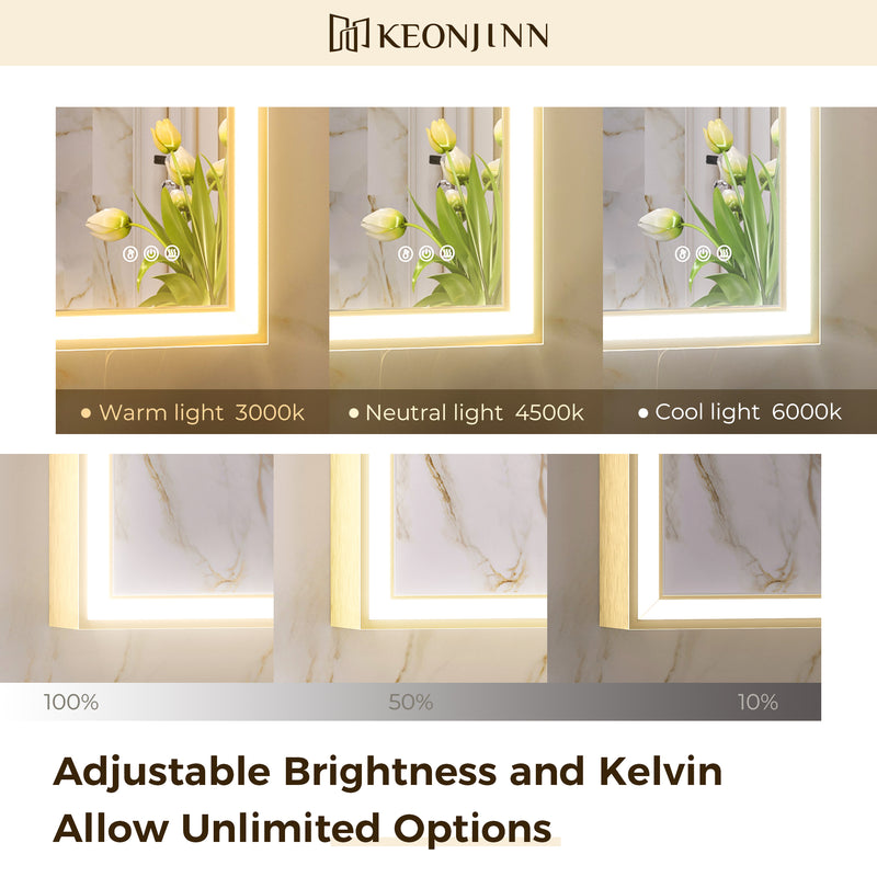 Keonjinn UL Certificated Metal Framed 3-Color Frontlit LED Bathroom Mirror(Black/Gold)