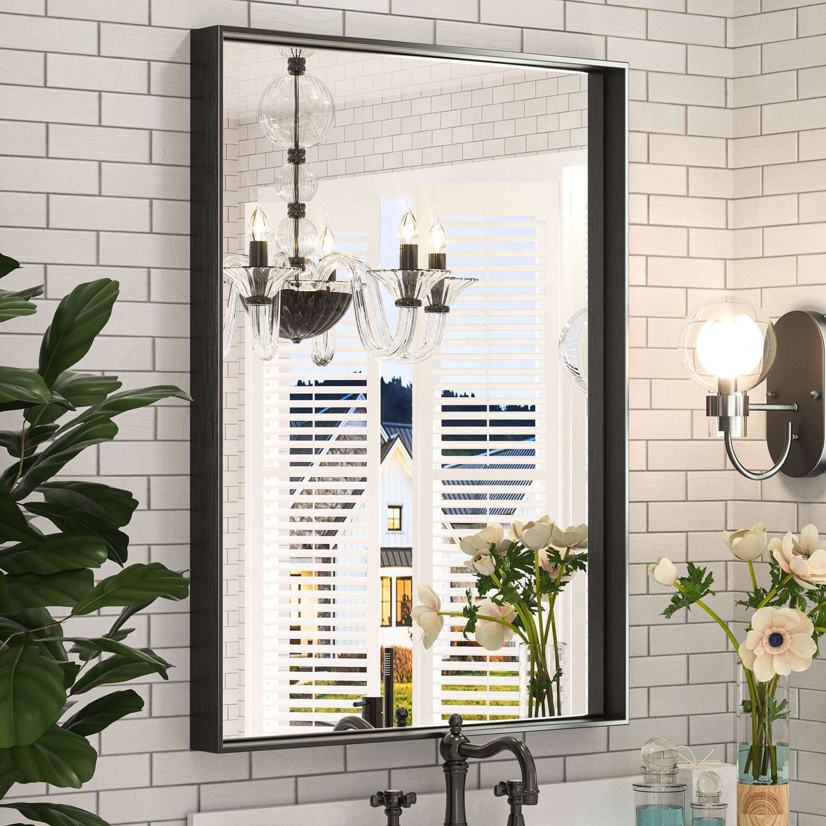 Keonjinn Gebürsteter Badezimmerspiegel mit Rahmen für über dem Waschbecken, Rechteckiger Wandspiegel mit quadratischen Ecken, Aluminiumrahmen, Moderner Landhausstil