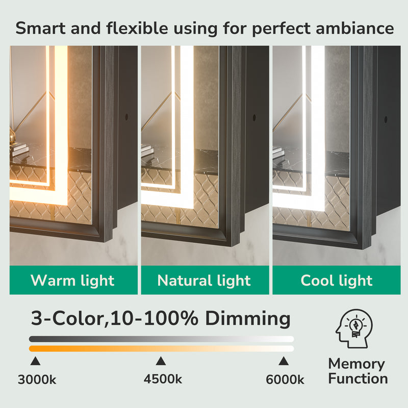 Armoire de toilette lumineuse en saillie/encastrée à intensité variable 3 couleurs avec lumière anti-buée prise aluminium