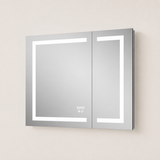 Wall-mounted two-door mirrored medicine cabinet with geometric LED strips, a digital display, and touch controls.