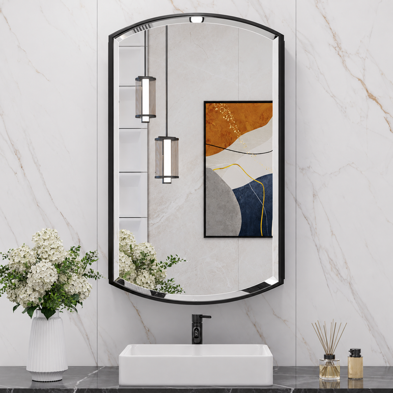 Bathroom Mirror Cabinet, Surface Mount or Recessed Oval Bathroom Mirror Cabinet with Beveled Mirror, Arched Bathroom Mirror with Storage, Black Metal Framed Mirrored Bathroom Mirror Cabinet