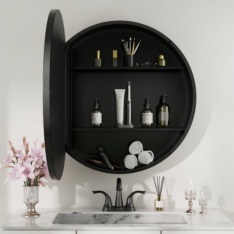 Keonjinn Round Medicine Cabinet with Mirror, Surface Mount Metal Framed Medicine Cabinet for Bathroom, Circular Farmhouse Bathroom Cabinet, Wall Mounted Round Vanity Mirror with Storage