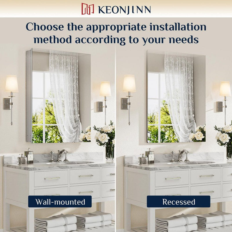 MC017Frameless Surface/Recessed Aluminum Mirrored Rectangle Medicine Cabinet With Adjustable Shelves