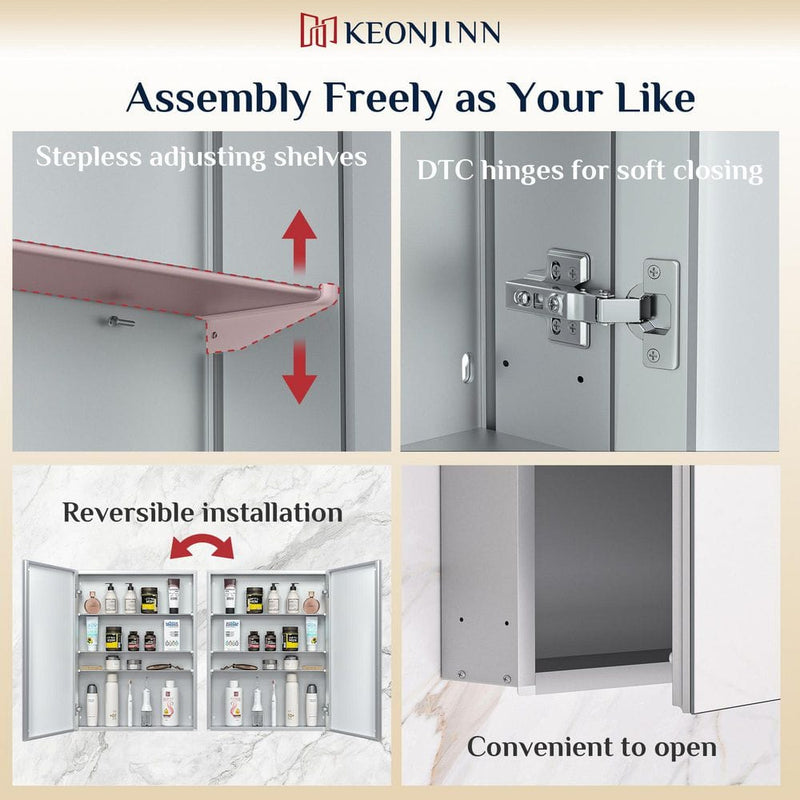 MC017Frameless Surface/Recessed Aluminum Mirrored Rectangle Medicine Cabinet With Adjustable Shelves