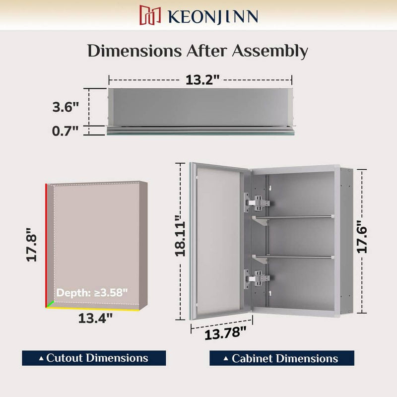 MC017Frameless Surface/Recessed Aluminum Mirrored Rectangle Medicine Cabinet With Adjustable Shelves