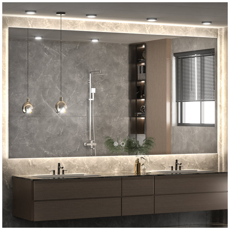 Keonjinn 28 x 36 Inch LED Backlit Mirror Bathroom Lighted Vanity Mirror, 3 Colors Warm/Natural/White Lights High Lumens 5573LM, Anti-Fog Dimmable LED Makeup Mirror with Lights (Vertical/Horizontal)