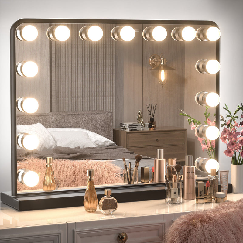 black frame Hollywood Makeup Mirror with dimmable LED bulbs