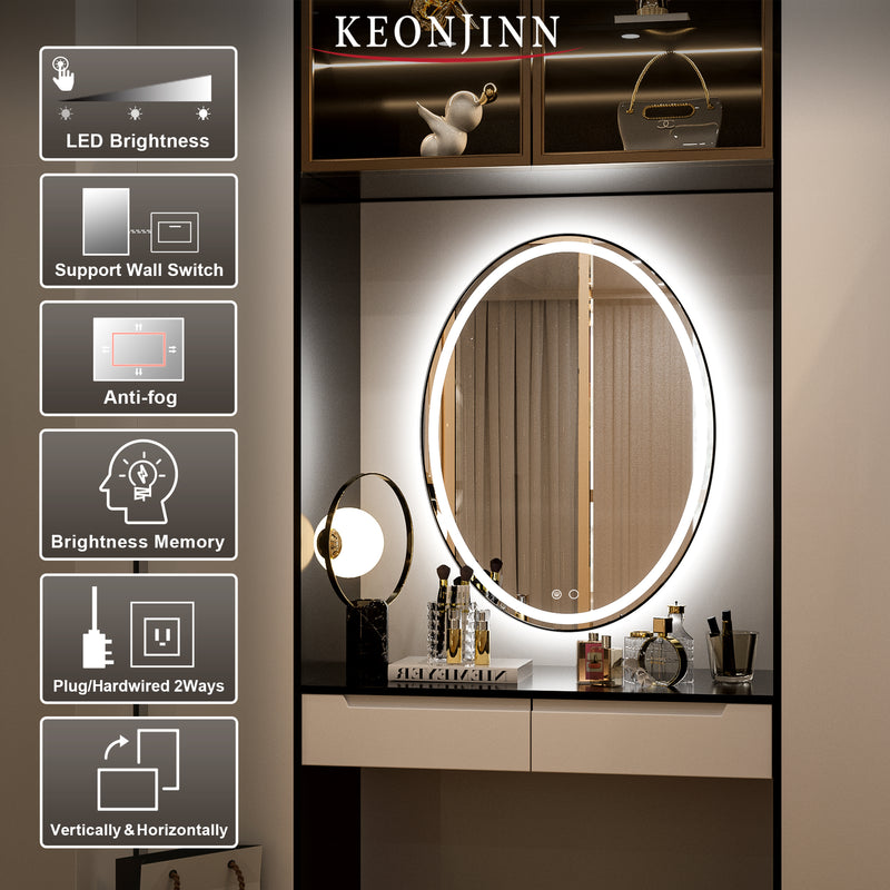 Keonjinn Oval Bathroom LED Mirror 24 x 36 Inch Lighted Makeup Mirror Anti-Fog Wall Mounted Mirror Dimmable Vanity Mirror with Lights