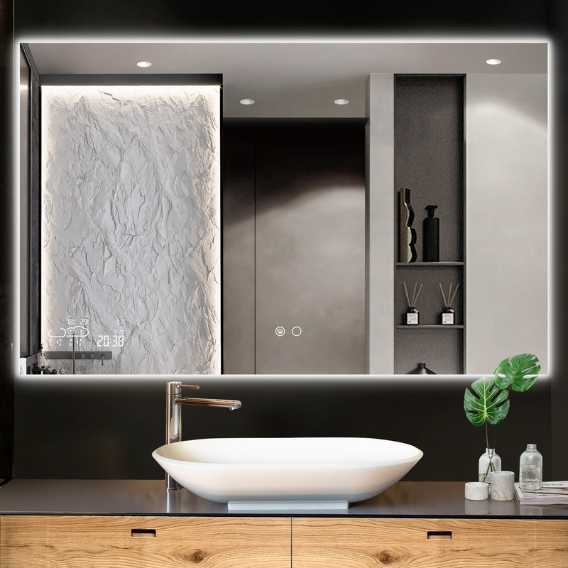 LED Backlit Bathroom Mirror, Smart WiFi Anti-Fog Dimmable Wall Mounted Vanity Mirror with Weather, Time, Temperature and Humidity Display