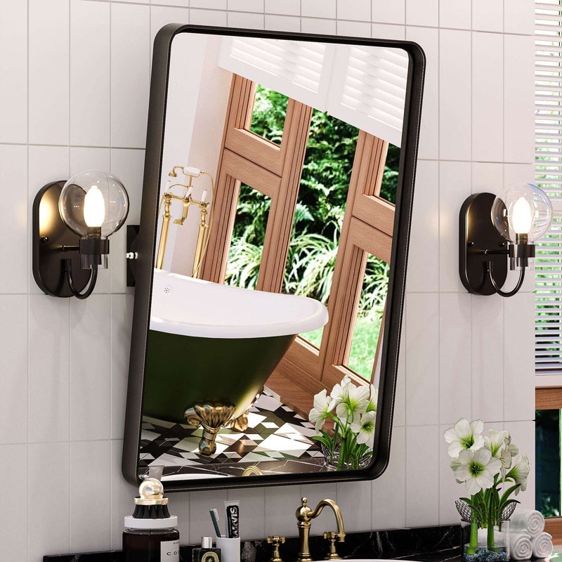 Keonjinn 40 x 30 Black Pivot Bathroom Mirror Tilting Metal Framed Mirror Pivoting Rectangular Wall Mirror for Bathroom Modern Farmhouse Vanity Mirror Large Black Rounded Rectangle Mirror for Wall