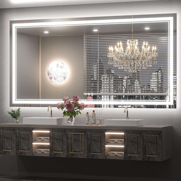 Keonjinn LED Bathroom Mirror Frontlit and Backlit 60 x 36 Inch Bathroom Mirror with Lights Stepless Adjustable 3 Colors Anti Fog Lit Vanity Mirror Dimmable Frameless LED Mirror