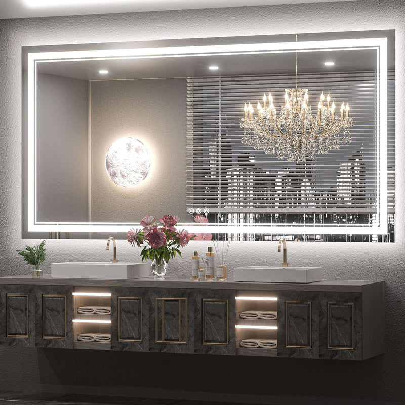 Keonjinn LED Bathroom Mirror Frontlit and Backlit 60 x 36 Inch Bathroom Mirror with Lights Stepless Adjustable 3 Colors Anti Fog Lit Vanity Mirror Dimmable Frameless LED Mirror