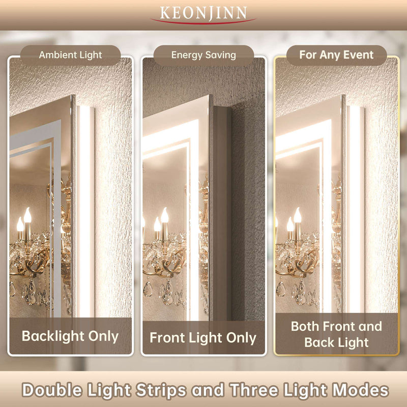 Keonjinn LED Bathroom Mirror Frontlit and Backlit 60 x 36 Inch Bathroom Mirror with Lights Stepless Adjustable 3 Colors Anti Fog Lit Vanity Mirror Dimmable Frameless LED Mirror