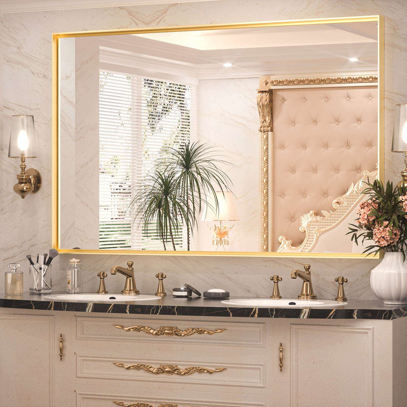 Keonjinn Gold Bathroom Mirror 72” x 36” Brushed Gold Rectangular Wall Mirror Large Metal Framed Mirror for Bathroom Square Corner Gold Vanity Mirror Rectangle Gold Trimmed Mirror(Horizontal/Vertical)