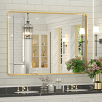 Gold Bathroom Mirror for Wall 40 x 30 Inch Brushed Gold Wall Mirror Metal Framed Mirror for Bathroom Gold Vanity Mirror Rounded Corner Rectangle Mirror with Brackets(Horizontal/Vertical)