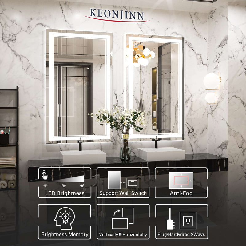 Keonjinn 48 x 24 inch LED Bathroom Mirror, Modern Rectangle LED Vanity  Mirror, Wall Mounted Anti-Fog Dimmable Frameless Front Light Makeup  Mirror(Horizontal/Vertical) 