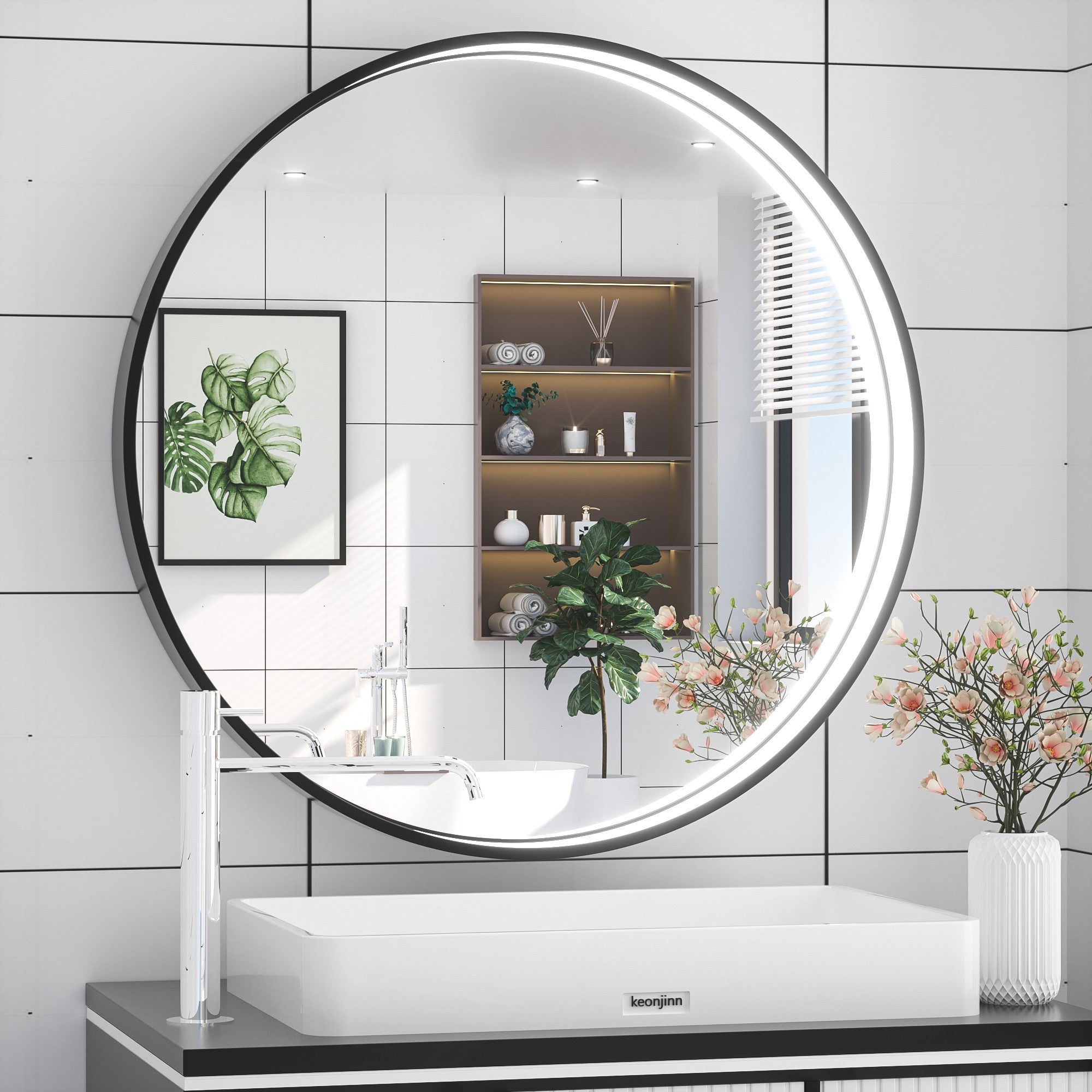 Black Metal Framed Round Lighted Bathroom Vanity Mirror Dimmable Light ...